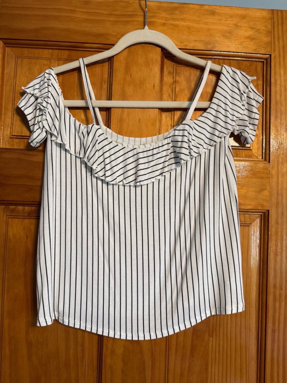 American Eagle Striped Off-Shoulder Ruffle Top - White and Black